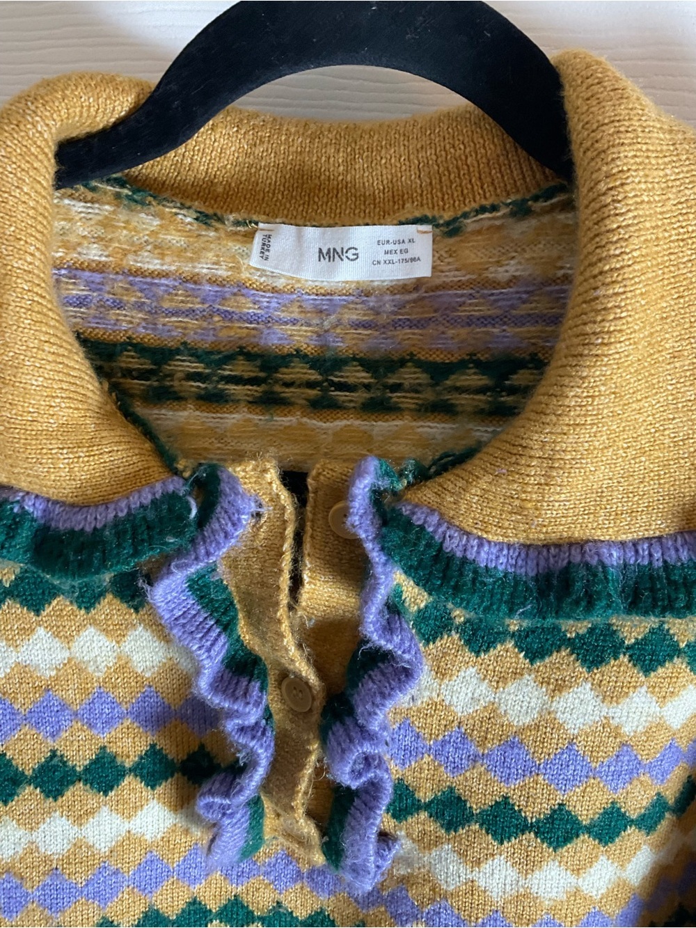 MANGO Arlequin Geometric Pattern Ruffle Detail Polo Sweater size Xl - Picture 7 of 12